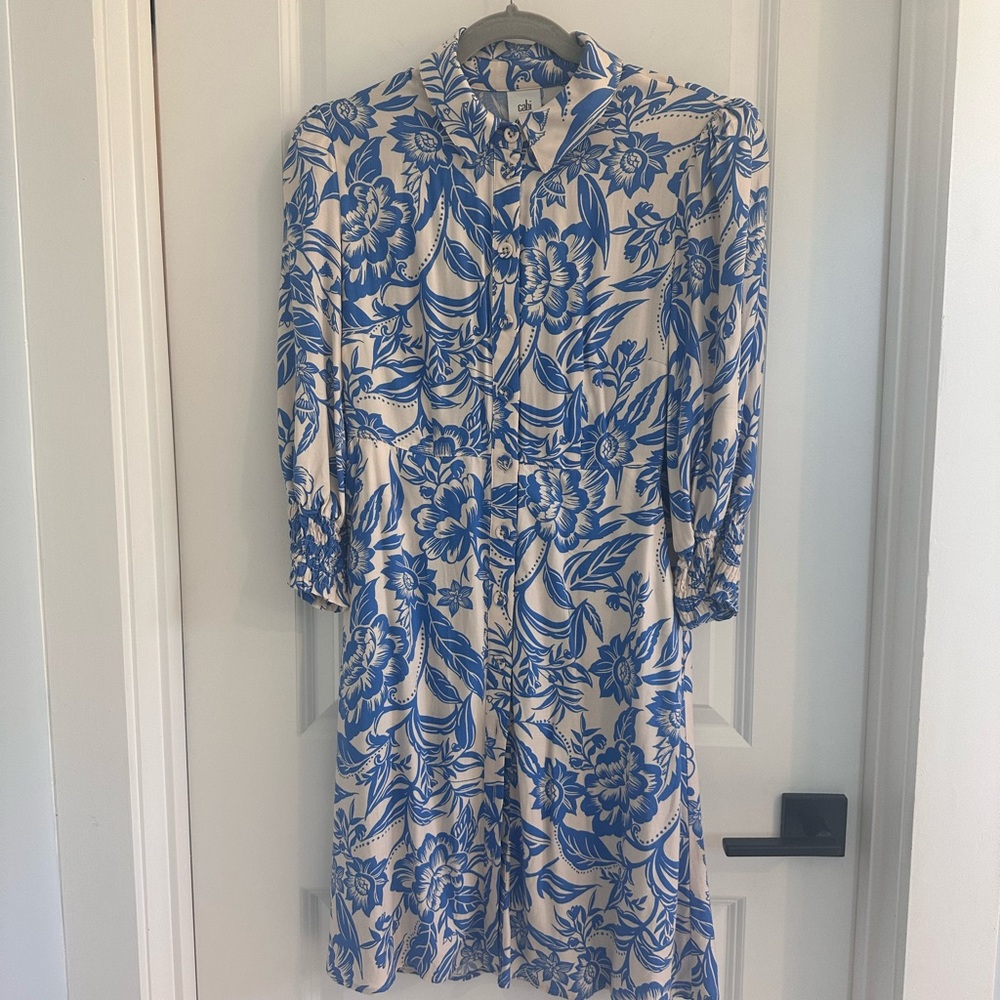 CAbi Blue and White Floral Button-Front Long Sleeve Midi Dress